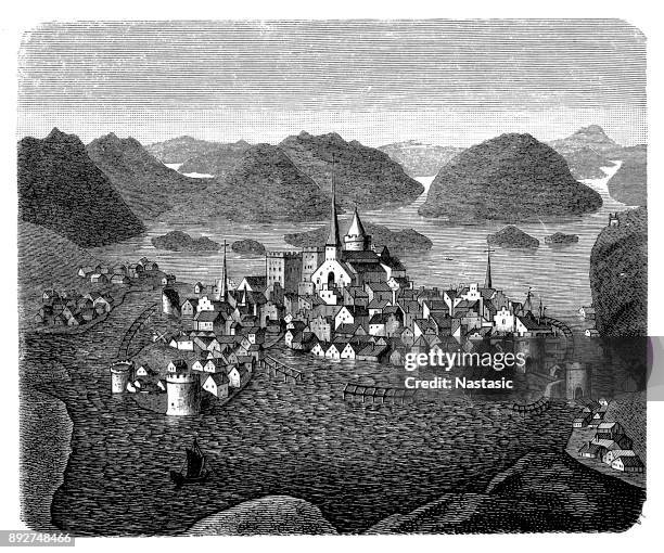 stockholm around the middle of the 16th century - stockholm port stock illustrations
