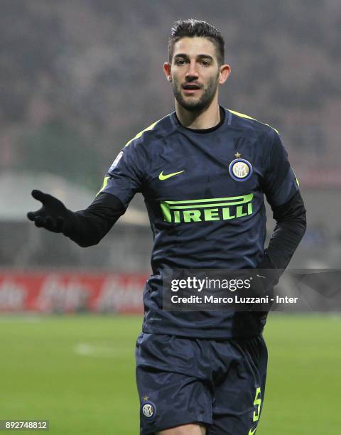 Roberto Gagliardini of FC Internazionale gestures during the TIM Cup match between FC Internazionale and Pordenone at Stadio Giuseppe Meazza on...