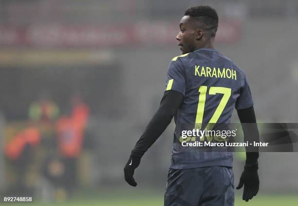 Yann Karamoh of FC Internazionale looks on during the TIM Cup match between FC Internazionale and Pordenone at Stadio Giuseppe Meazza on December 12,...