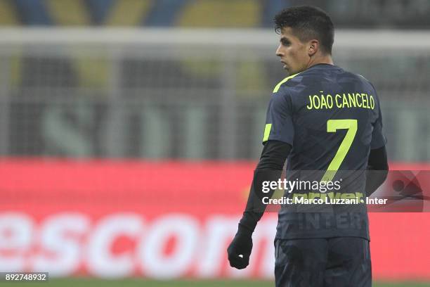 Joao Cancelo of FC Internazionale looks on during the TIM Cup match between FC Internazionale and Pordenone at Stadio Giuseppe Meazza on December 12,...