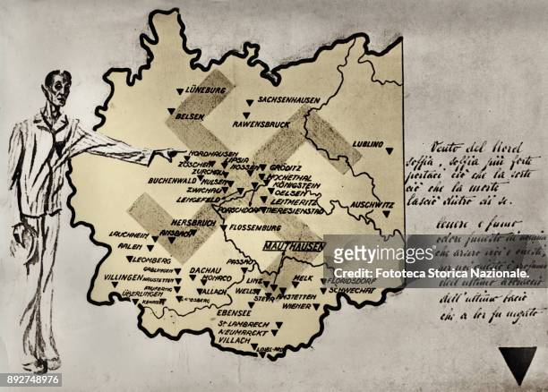 Cartography with concentration camps and Nazi death existing in the territory of the Third Reich during World War II. At the center, clearly...