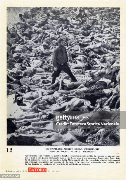'Lest we forget', page 12, a Wehrmacht doctor with bodies of victims of the Holocaust. Pamphlet created by Ando Gilardi, attached to the Italian...