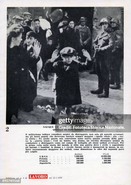 'Lest we forget', page 2, civilians with their hands up in front of armed soldiers. Pamphlet created by Ando Gilardi, attached to the Italian...