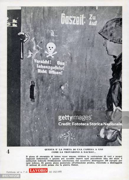 'Lest we forget', page 4, a soldier in front of the entrance of a gas chamber at Dachau concentration camp. Pamphlet created by Ando Gilardi,...