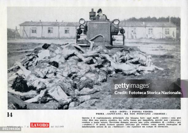 'Lest we forget', page 14, a British Army bulldozer pushes bodies into a mass grave at Belsen, April 19, 1945. Pamphlet created by Ando Gilardi,...