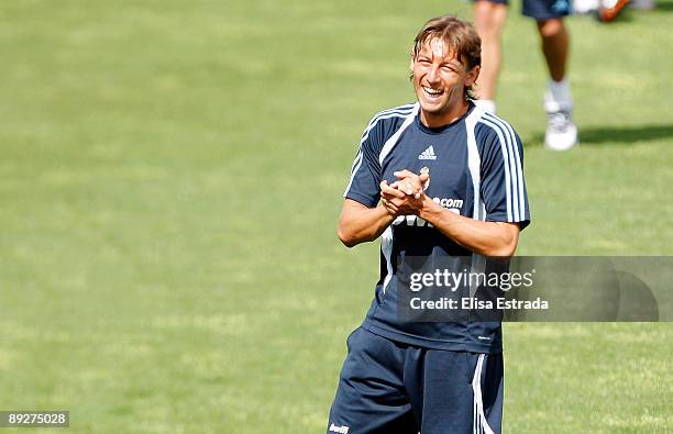 Gabriel Heinze of Real Madrid laught during a training session at Valdebebas on July 27, 2009 in Madrid, Spain.