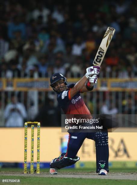 Kamran Akmal of Maratha Arabians bats during the T10 League match between Maratha Arabians and Pakhtoons at Sharjah Cricket Stadium on December 14,...