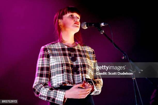 Singer Katie Gavin of the band Muna performs onstage at The Fonda Theatre on December 13, 2017 in Los Angeles, California.