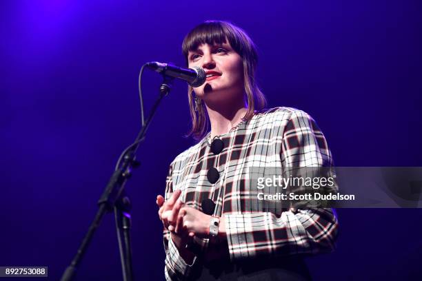 Singer Katie Gavin of the band Muna performs onstage at The Fonda Theatre on December 13, 2017 in Los Angeles, California.