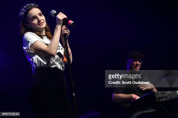 Singer Lauren Mayberry of the band CHVRCHES performs onstage at The Fonda Theatre on December 13, 2017 in Los Angeles, California.