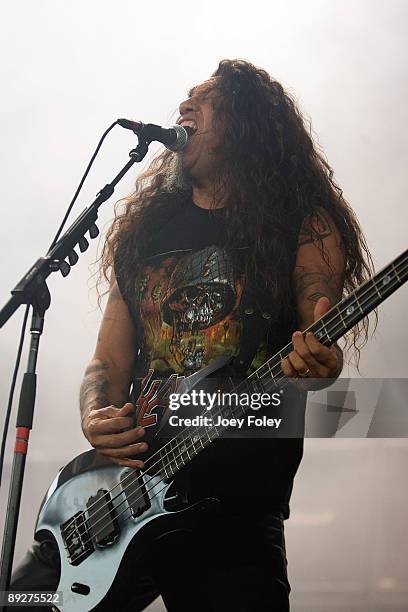 Tom Araya of SLAYER performs in concert at the Rockstar Energy Drink Mayhem Festival at Verizon Wireless Music Center on July 25, 2009 in...