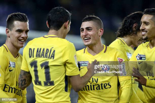 Angel di Maria of PSG celebrate his goal with Marco Verratti during the french League Cup match, Round of 16, between Strasbourg and Paris Saint...