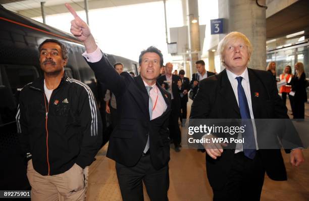 Former Olympic athlete Daley Thompson, Lord Coe and London Mayor Boris Johnson arrive on the high speed Javelin train at Stratford Station where they...
