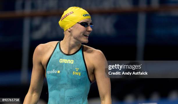 Sarah Sjoestroem from Sweden reacts to missing out on qualifying for the Final of the Women's 50m Butterfly. On December 14, 2017 in Copenhagen,...