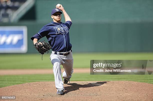 Howell of the Tampa Bay Rays pitches during the game against the Kansas City Royals at Kauffman Stadium in Kansas City, Missouri on Sunday, July 19,...