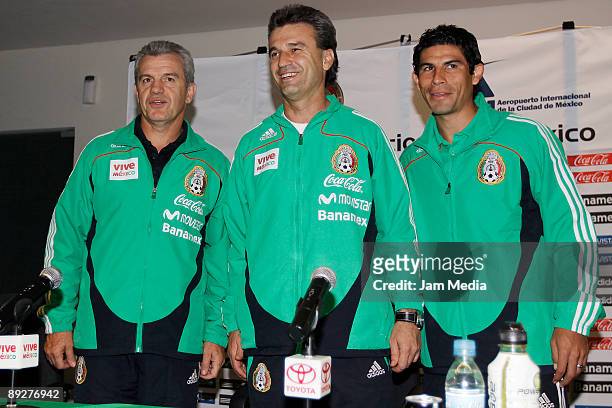 Mexican national soccer team head coach Javier Aguirre , team director Nestor de La Torre and player Jonny Megalon arrive for a press conference held...