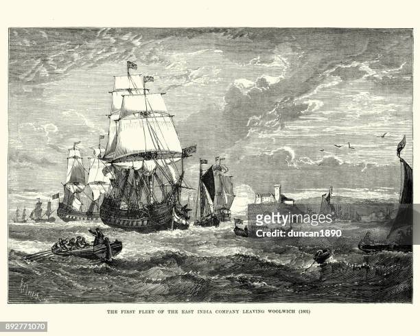 ilustraciones, imágenes clip art, dibujos animados e iconos de stock de primera flota de la compañía de indias orientales dejando woolwich, 1601 - sailing ship