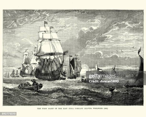 stockillustraties, clipart, cartoons en iconen met eerste vloot van de east india company verlaten woolwich, 1601 - midden oosten