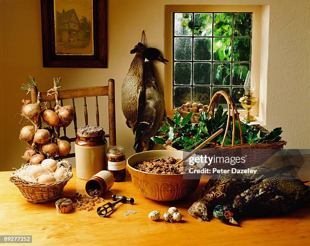 preparing game birds for christmas dinner. - gift basket stock pictures, royalty-free photos & images