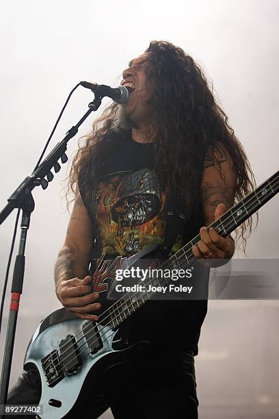 Tom Araya of SLAYER performs in concert at the Rockstar Energy Drink Mayhem Festival at Verizon Wireless Music Center on July 25, 2009 in...