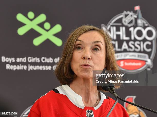 Executive Director, Boys and Girls Club of Ottawa Colleen Mooney addresses the guests during the 2017 Scotiabank NHL100 Classic Legacy Project press...