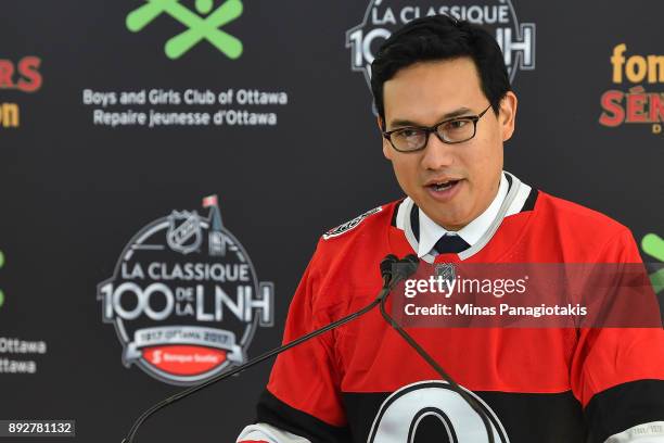 Vice President of Corporate Social Responsibility, National Hockey League Omar Mitchell addresses the guests during the 2017 Scotiabank NHL100...