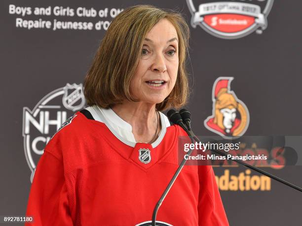 Executive Director, Boys and Girls Club of Ottawa Colleen Mooney addresses the guests during the 2017 Scotiabank NHL100 Classic Legacy Project press...