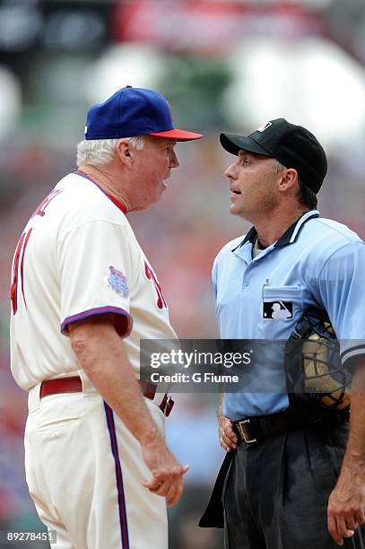 Manager Charlie Manuel of the Philadelphia Phillies argues with home plate umpire Dan Iassogna during the game against the Chicago Cubs at Citizens...