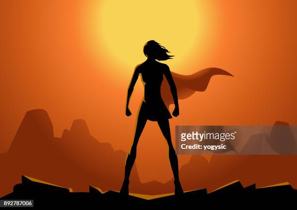vector superhero woman silhouette with sun in the background - standing stock illustrations