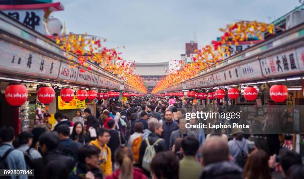 asakusa shopping street. tilt-shift effect - tokyo temple stock pictures, royalty-free photos & images