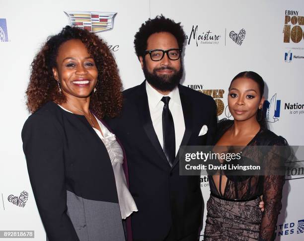 President of Universal Television Pearlena Igbokwe and actors Diallo Riddle and Bresha Webb attend Ebony Magazine's Ebony's Power 100 Gala at The...