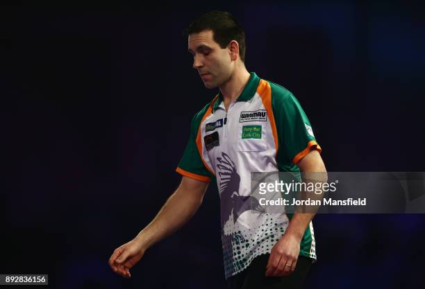William O'Connor of Ireland looks dejected during his first round match against Steve Beaton of England during day one of the 2018 William Hill PDC...