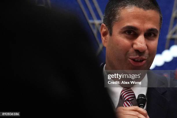 Federal Communications Commission Chairman Ajit Pai speaks during a commission meeting December 14, 2017 in Washington, DC. FCC has voted to repeal...