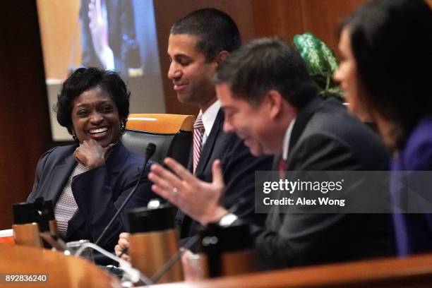 Federal Communications Commission Commissioner Michael O'Rielly speaks as Commissioner Mignon Clyburn, Chairman Ajit Pai and Commissioner Jessica...