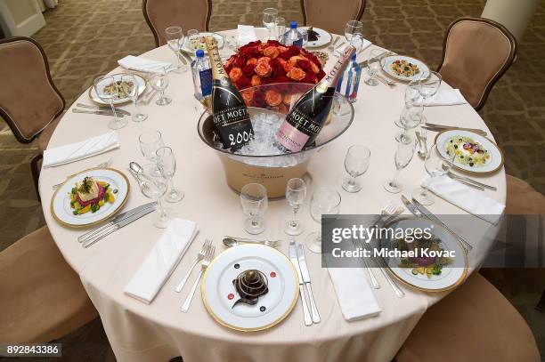 Detail of the table settings for the 2018 Golden Globes on display at the 75th Golden Globe Awards Show Menu Unveiling at The Beverly Hilton Hotel on...