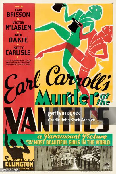 One sheet movie poster advertises 'Murder at the Vanities' , a Broadway musical mystery starring Duke Ellington, Victor McLaglen, Jack Oakie, and...