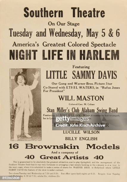 Stage flyer advertises the Southern Theatre's 'Night Life in Harlem' live stage production with ten-year-old Little Sammy Davis, 1936. Davis is...
