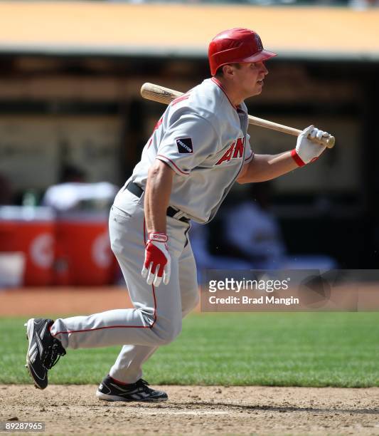 Robb Quinlan of the Los Angeles Angels of Anaheim bats against the Oakland Athletics during the game at the Oakland-Alameda County Coliseum on July...