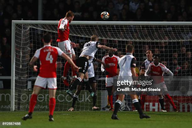 Cian Bulger of Fleetwood rises highest to score the opening goal during the Emirates FA Cup second round replay match between Hereford FC and...