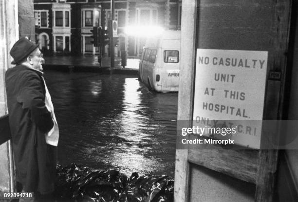 Cardiff Floods 1979, Our picture shows floodwater lapping the doorway at St Davids Hospital, Cardiff, Thursday 27th December 1979.