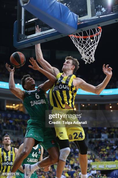 Axel Toupane, #6 of Zalgiris Kaunas and Jan Vesely, #24 of Fenerbahce Dogus in action during the 2017/2018 Turkish Airlines EuroLeague Regular Season...