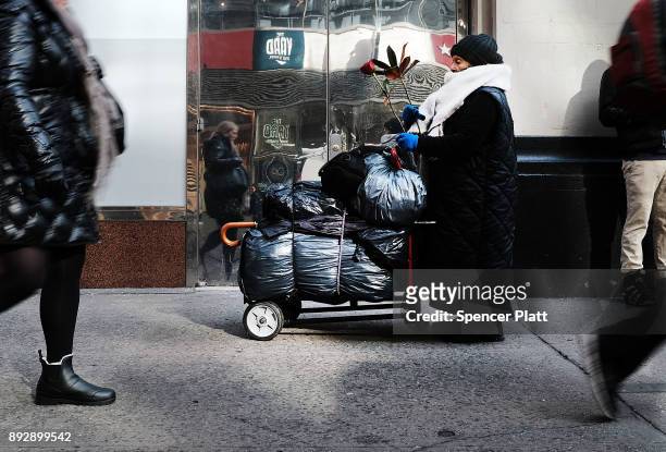 Woman walks through the streets of Manhattan with her belongings on December 14, 2017 in New York City. According to a new report released by the...