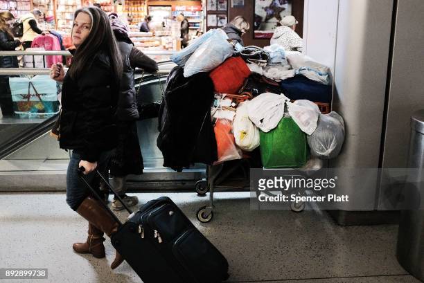 Homeless person's belongings sit in a Manhattan train station on December 14, 2017 in New York City. According to a new report released by the U.S....