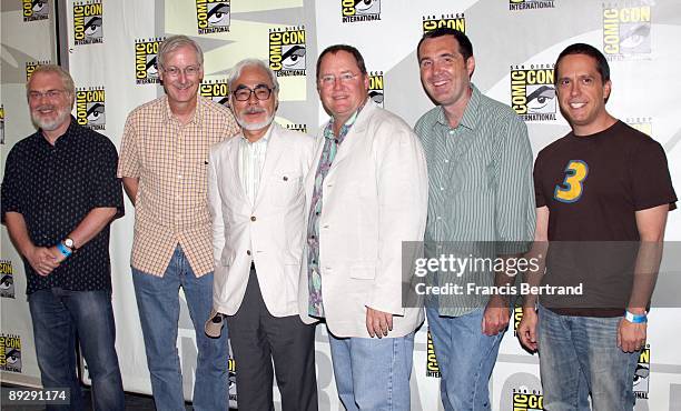 Walt Disney writers and directors Ron Clements, John Muskerat, Hayao Miyazaki, John Lasseter, Kirk Wise and Lee Unkrich pose for a photo at Comic-Con...