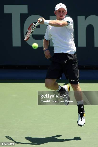 Jesse Levine returns a shot against Bobby Reynolds during the LA Tennis Open Day 1 at Los Angeles Tennis Center - UCLA on July 27, 2009 in Los...