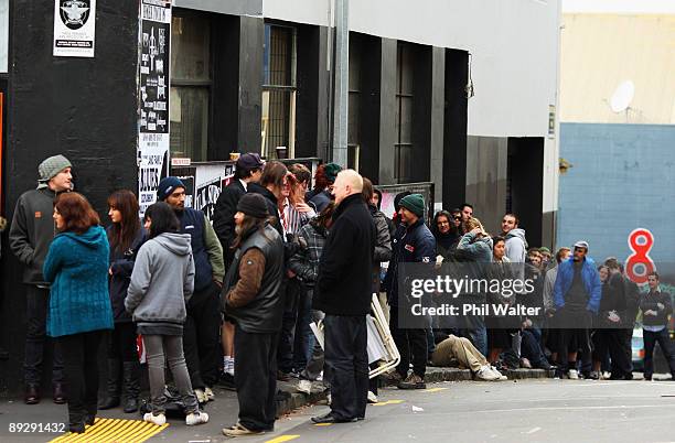 Fans wait in line outside Real Groovy Records to buy tickets for AC/DC's 2010 Auckland Concert on July 28, 2009 in Auckland, New Zealand.