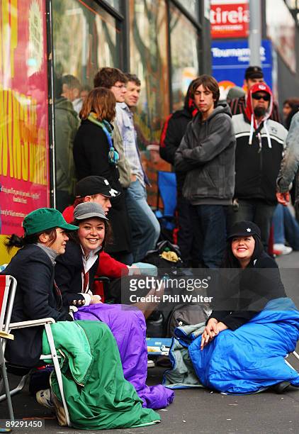 Fans wait in line after spending a night outside Real Groovy Records to buy tickets for AC/DC's 2010 Auckland Concert on July 28, 2009 in Auckland,...