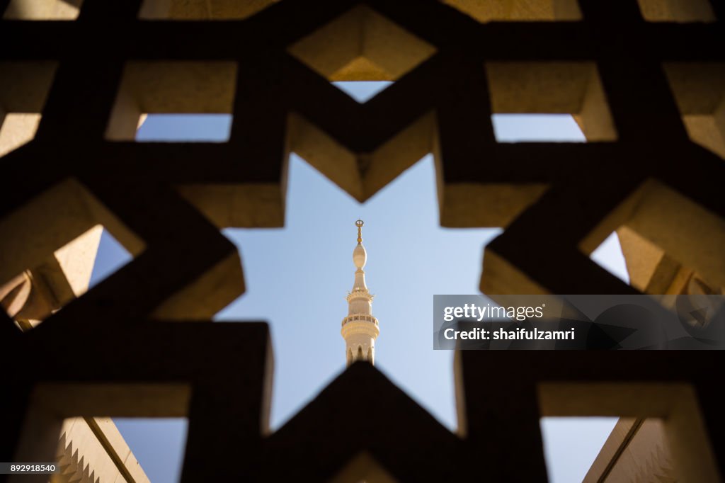 View of minaret in Mosque Al-Nabawi of Medina.
