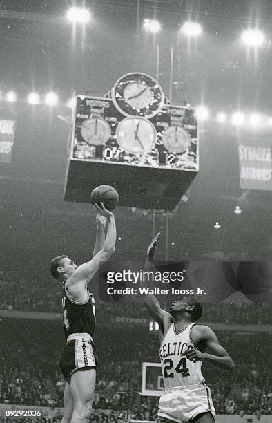 Finals: Los Angeles Lakers Jerry West in action, shot vs Boston Celtics. Game 7. Boston, MA 4/18/1962 CREDIT: Walter Iooss Jr.