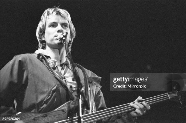 Sting lead singer of The Police, seen here performing on stage on the opening night of the 1979 Reading Rock Festival, 24th August 1979.